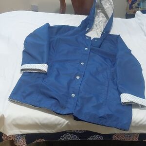 KC Collections Blue And White And Black Poka Dot Rain Coat .Pockets. Large